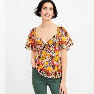 Loft Size Medium Tropical Flutter Tie Neck Top Flowy Flirty Fun